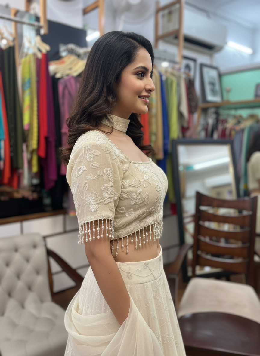 Embroidered Georgette Skirt & Blouse Set with Contrast Ban Dupatta