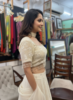 Embroidered Georgette Skirt & Blouse Set with Contrast Ban Dupatta