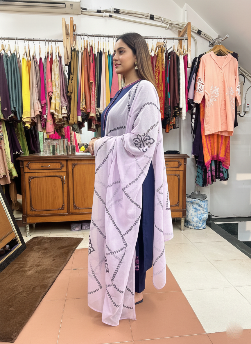 The Fusion Suit: Resham Embroidered Modal Cotton with Organza Dupatta