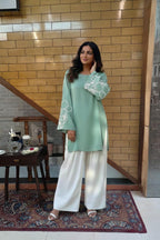Mint Green Floral Appliqué Kurta with Ivory Wide-Leg Pants Set