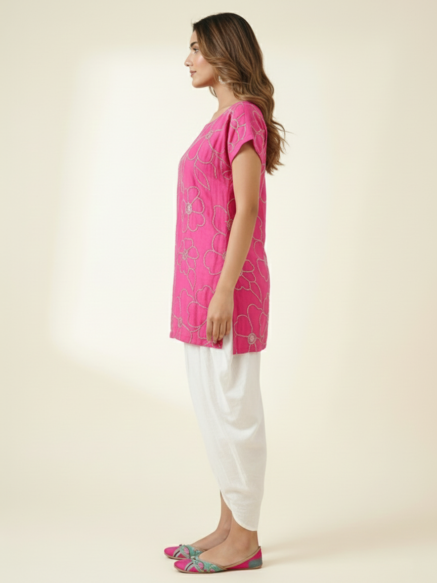 Luxe Pink Silk Kurta with Pearl & Cutdana Embroidery