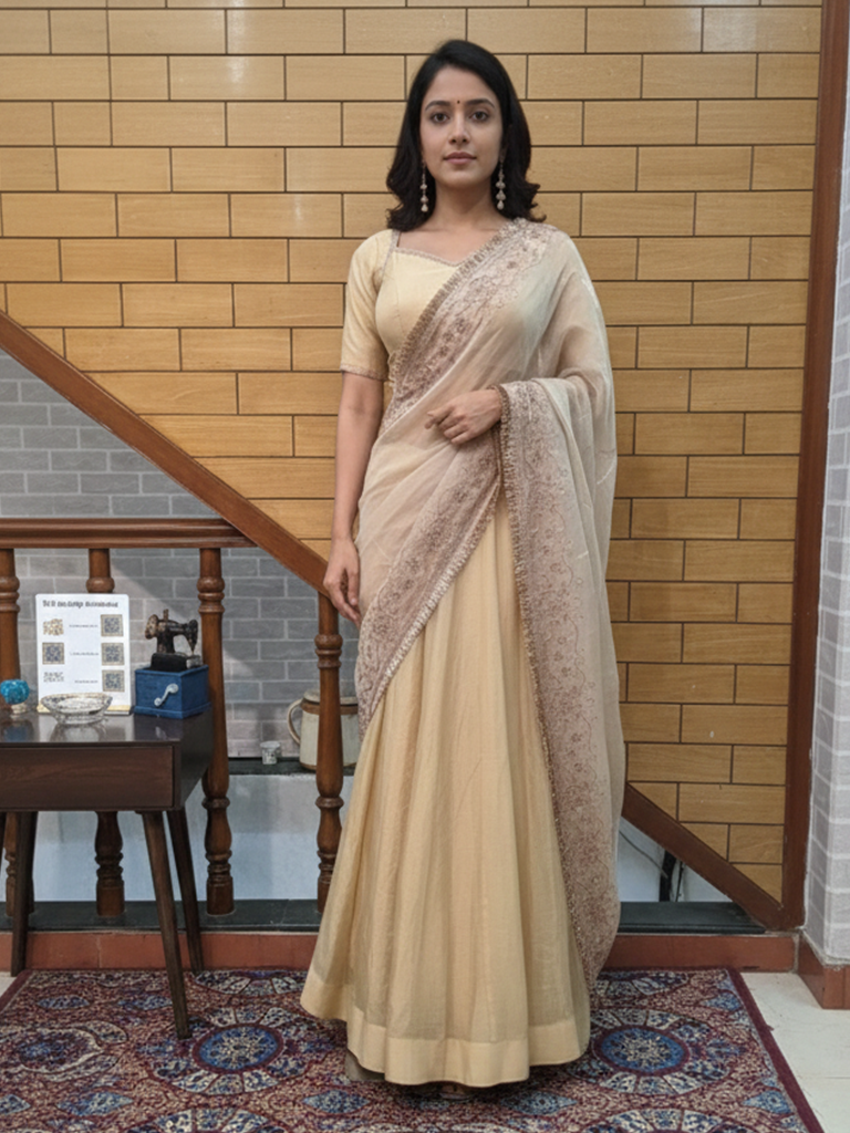 Embroidered Tissue Drape Saree featuring Aari and Dabka Work