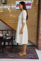 Floral Embroidered Midi Dress with Puff Sleeves & Round Neckline