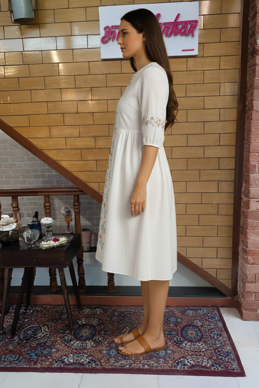 Floral Embroidered Midi Dress with Puff Sleeves & Round Neckline