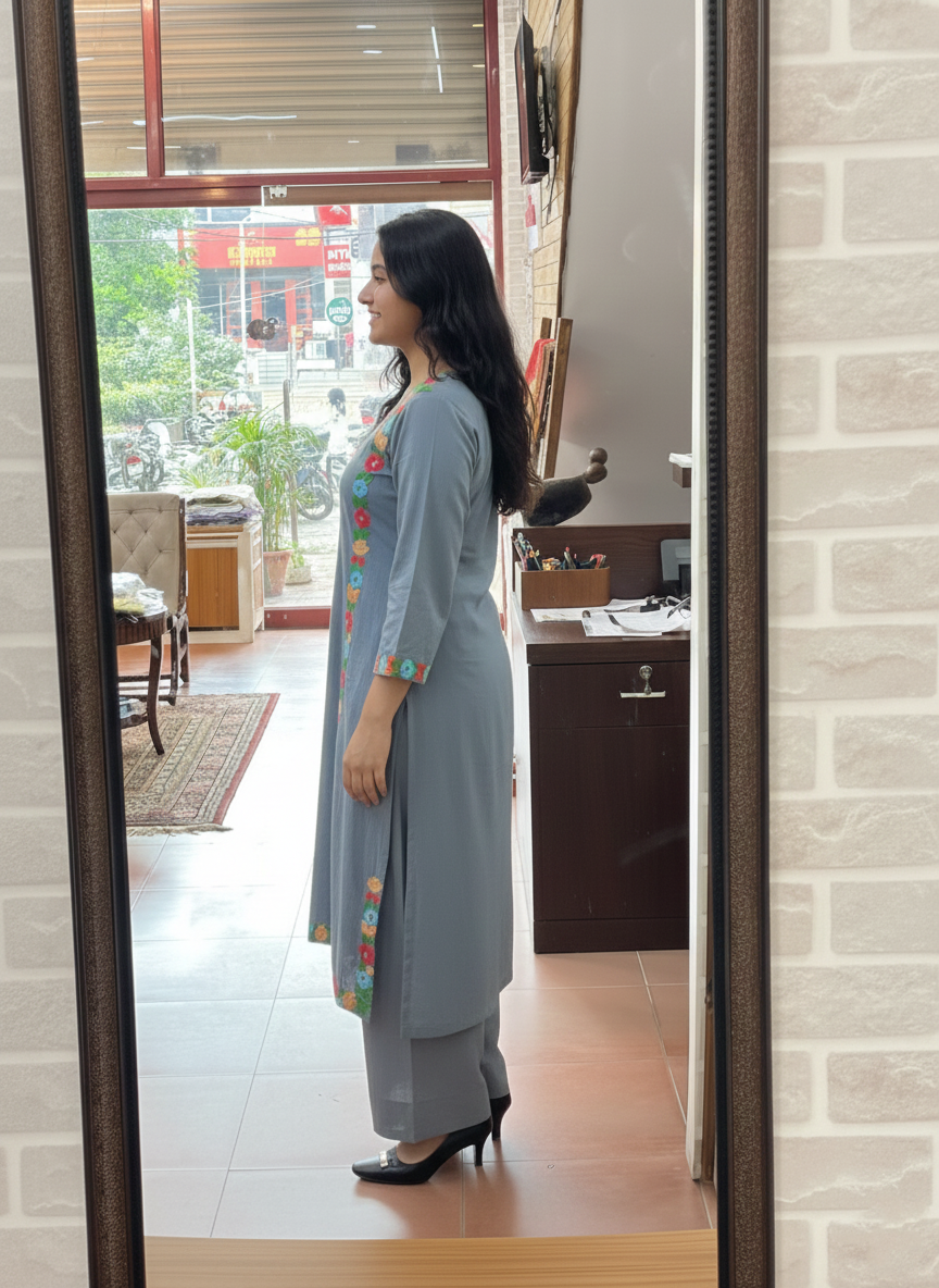 The Breathable Cotton Linen Suit Set Featuring Fine Resham Work