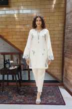 Ivory Embroidered Kurta with Scalloped Bell Sleeves & Straight Pants Set