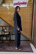 Modest Wear Black Crepe Tunic Set with Contrast White Piping