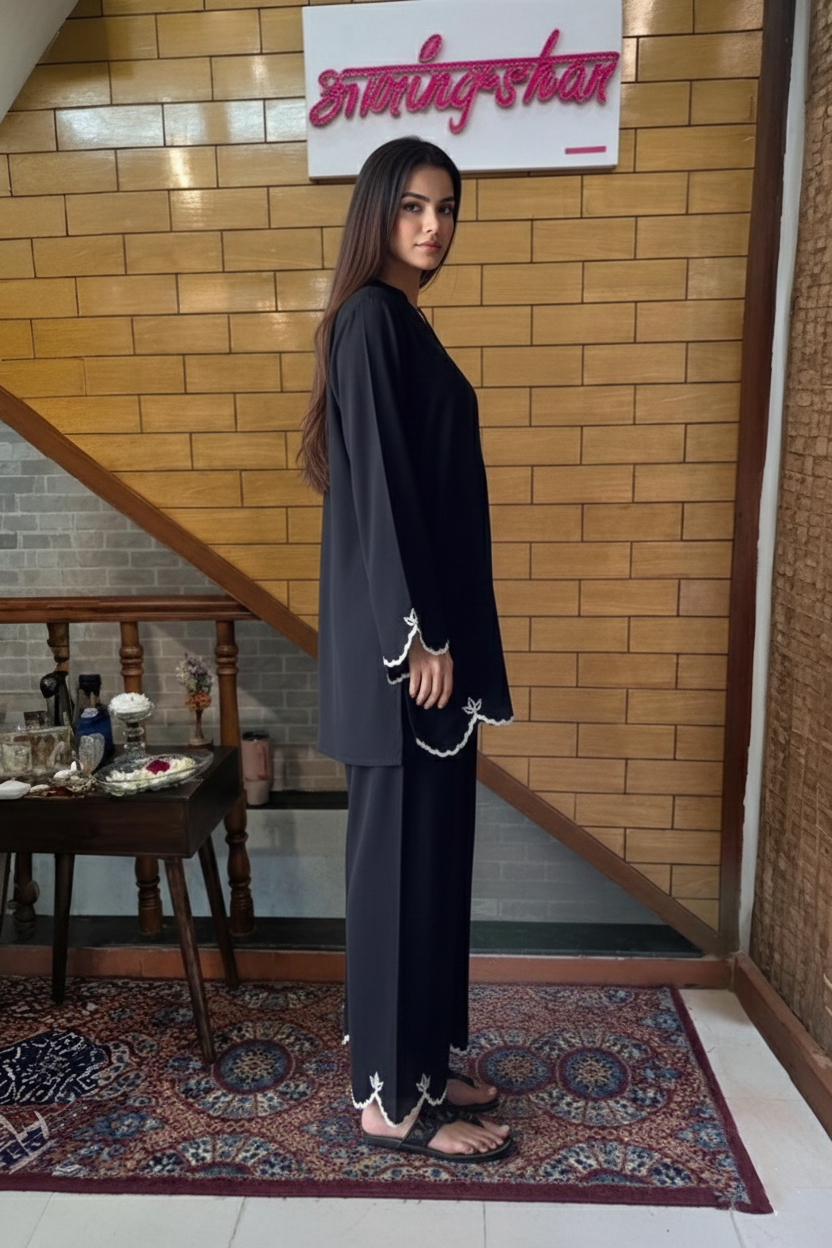 Modest Wear Black Crepe Tunic Set with Contrast White Piping
