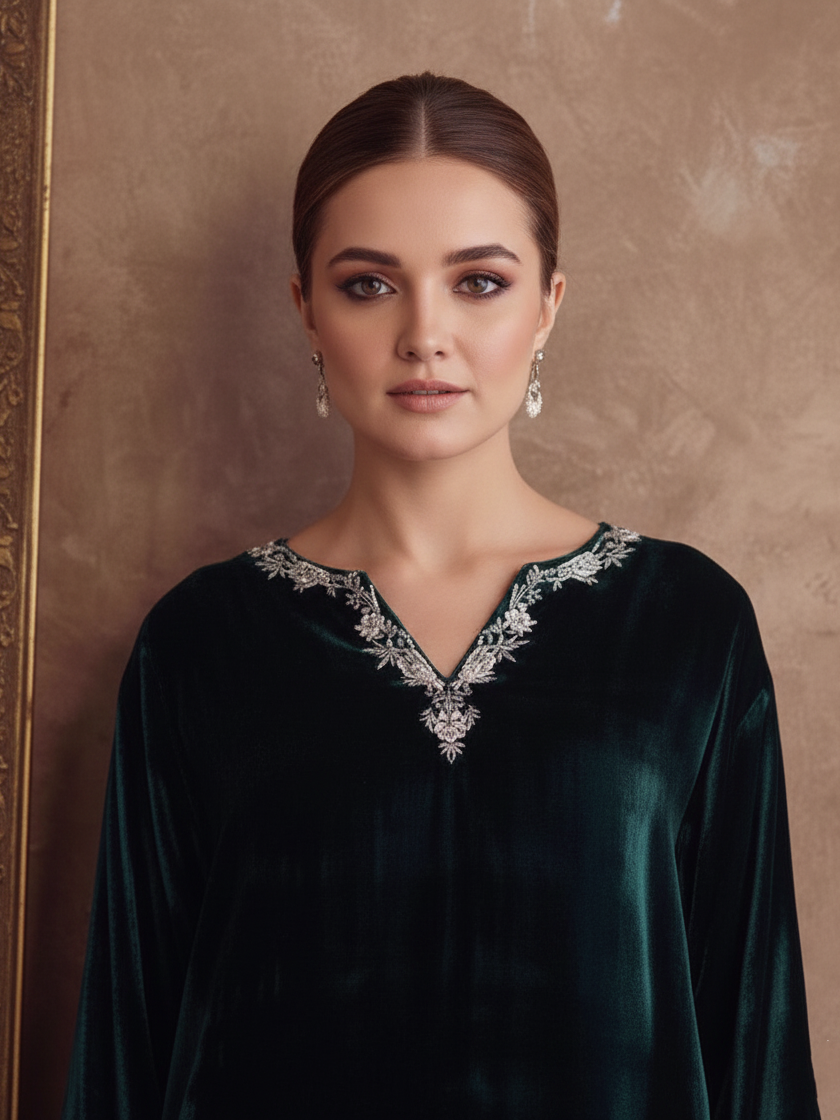 Handcrafted Resham Detail Silk Velvet Suit