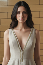 Linen Maxi Dress with Golden Wheat Embroidery