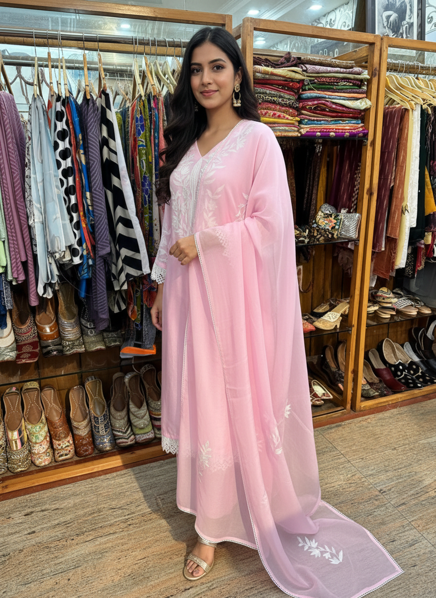 Blush Pink Cotton Pants Suit with Resham Aari Work