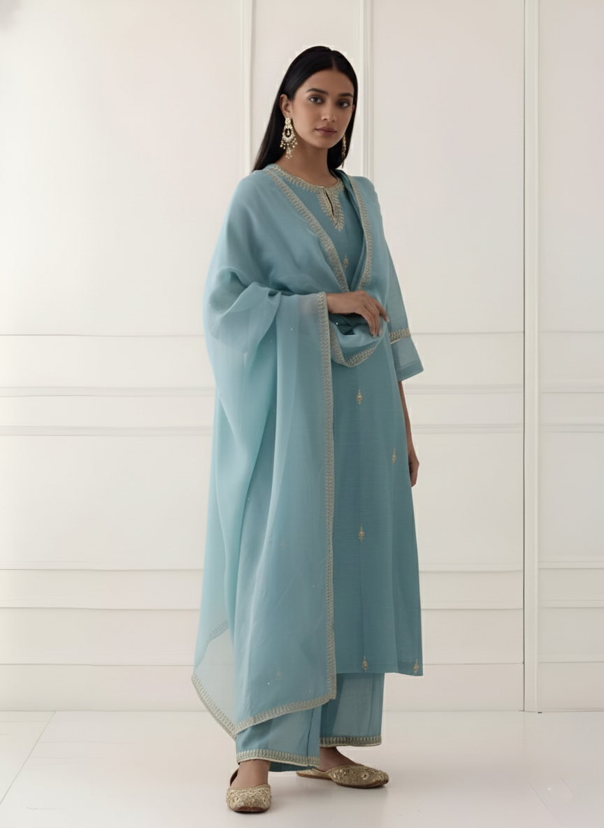 Traditional Chanderi Suit Material featuring Aari and Sequin Detailing