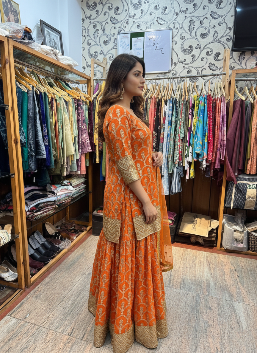 Embroidered Georgette Kurta with Flared Skirt Set