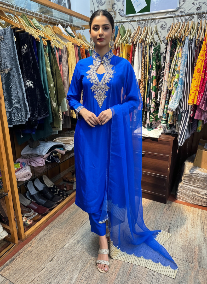 Silk Pant Suit with Elegant Mirror Work