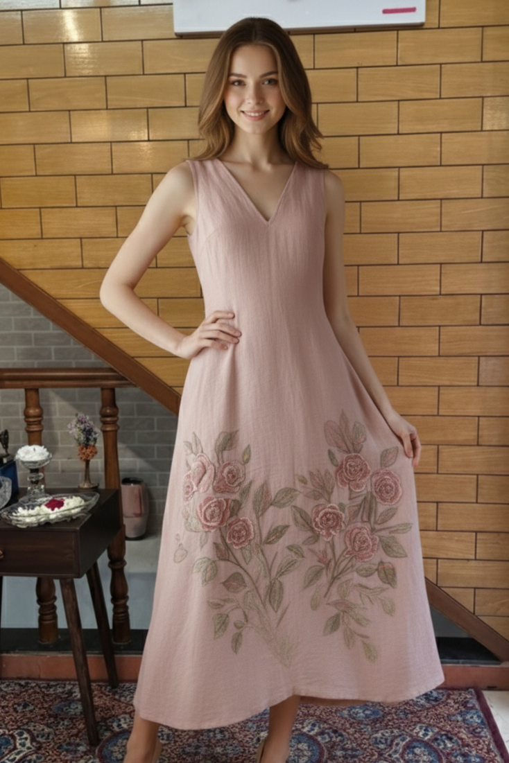 Blush Linen Midi Dress with Hand-Painted Floral Motif