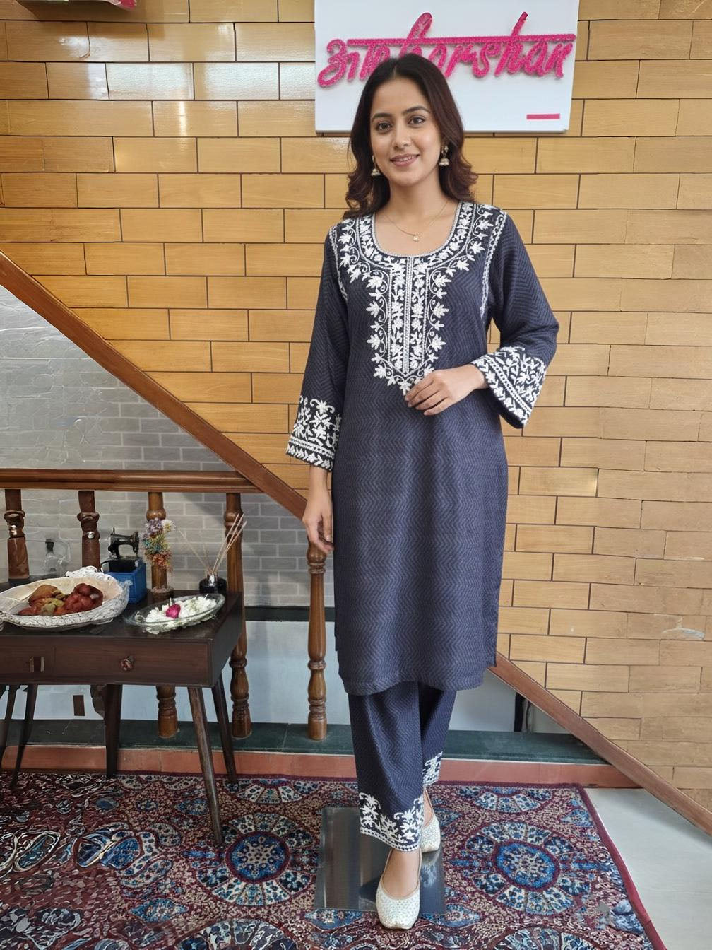 Self Pashmina Suit with Aari Embroidery