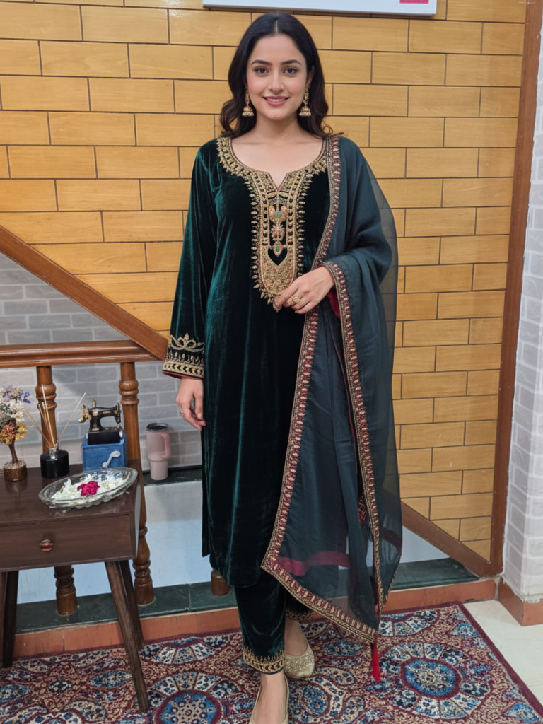 Royal Silk Velvet Suit Adorned with Zardozi Work and Organza Dupatta