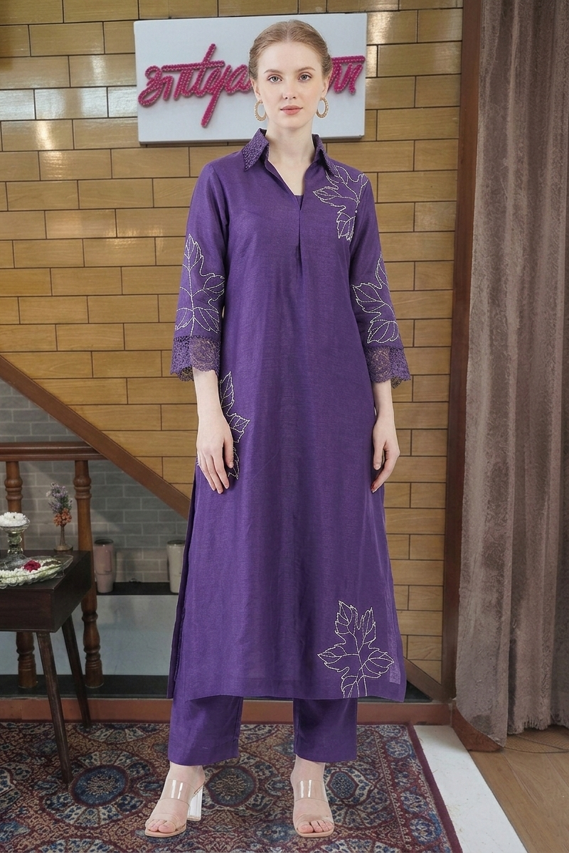 Royal Purple Embroidered Long Kurta Set with Lace Sleeves