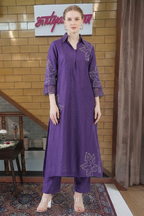 Royal Purple Embroidered Long Kurta Set with Lace Sleeves