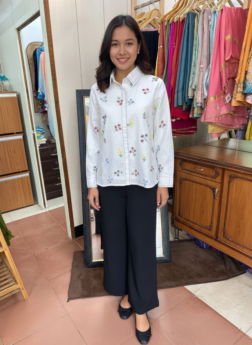 Cotton Linen Shirt with Elegant Resham Thread Work