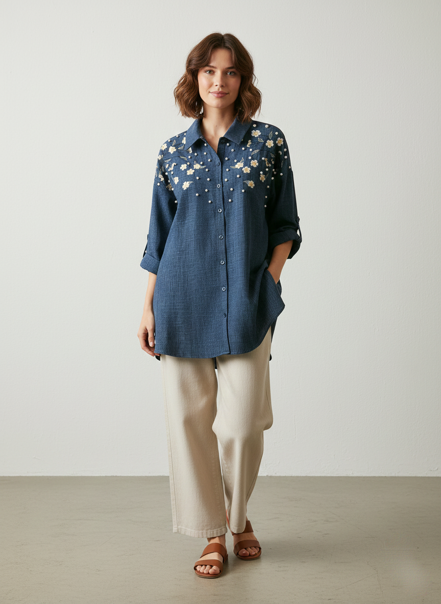 Ivory Glow Cotton Top with Resham & Pearl Work