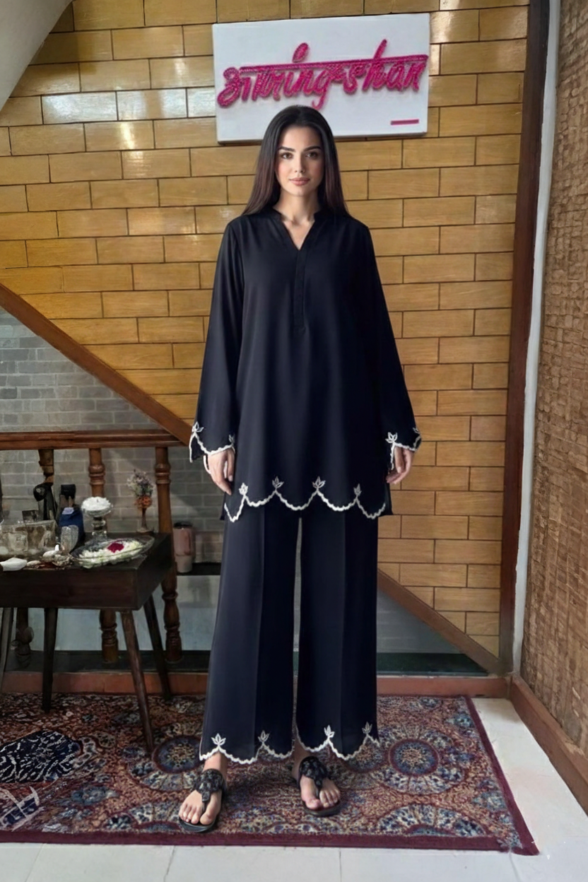 Modest Wear Black Crepe Tunic Set with Contrast White Piping