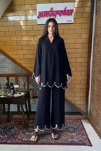 Modest Wear Black Crepe Tunic Set with Contrast White Piping
