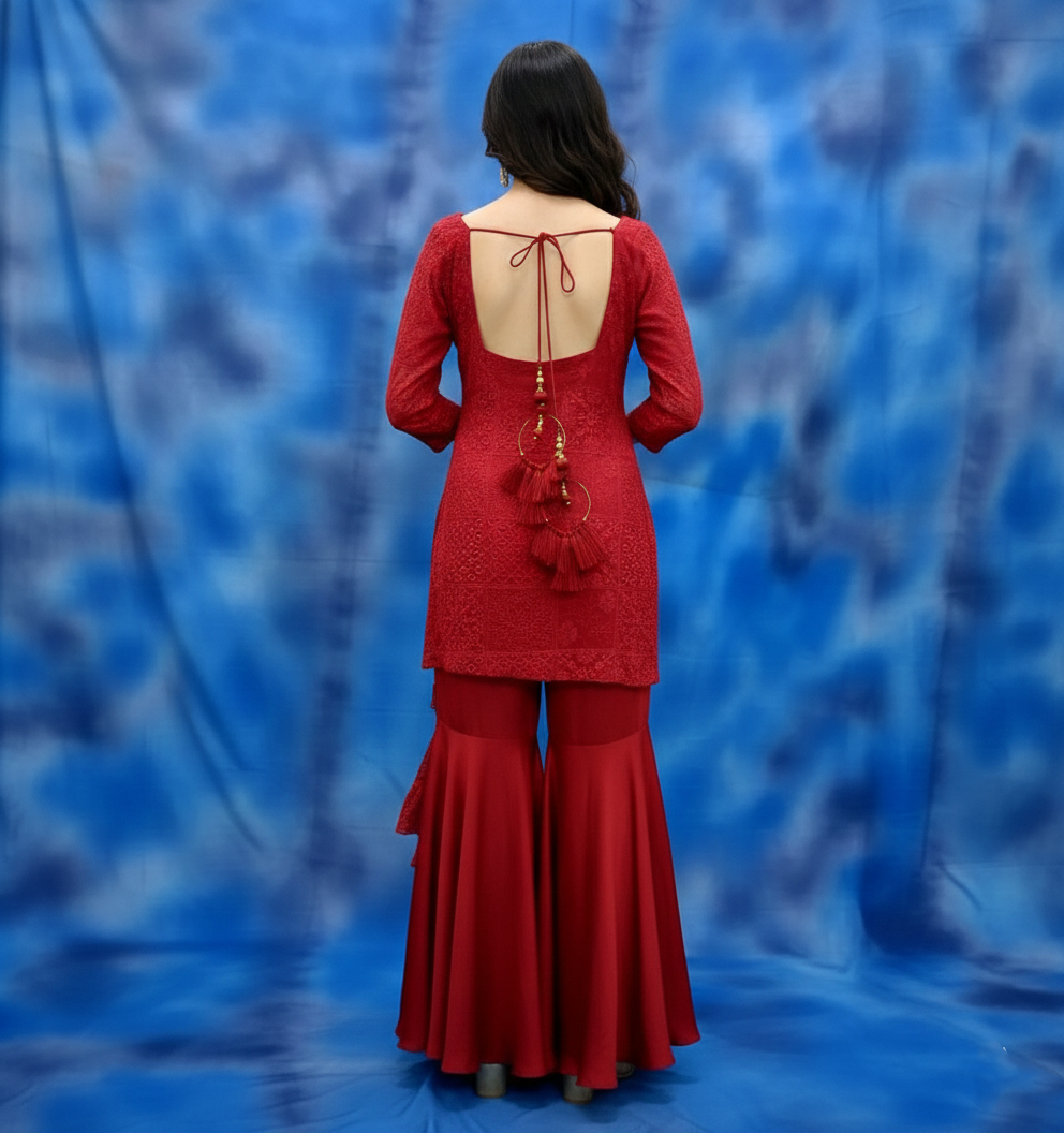 Red Georgette Embroidered Kurti & Sharara Set with Dupatta