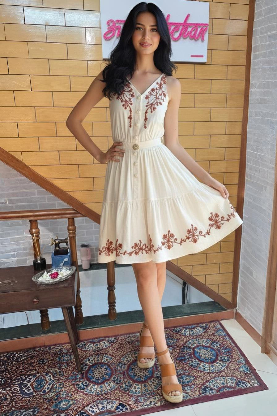 Ivory Cotton Dress with Red Floral Embroidery