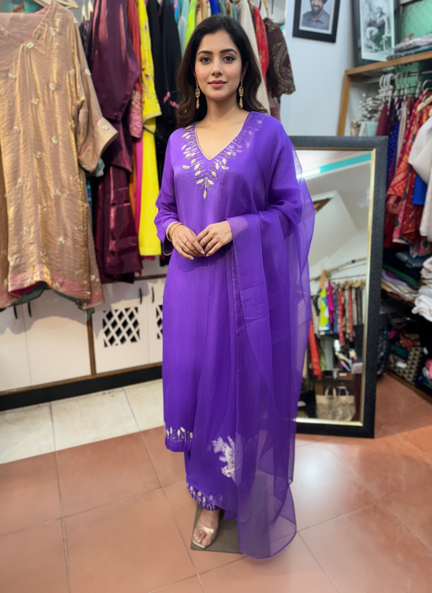 Silk Pants Suit with Organza Dupatta and Fine Resham Work