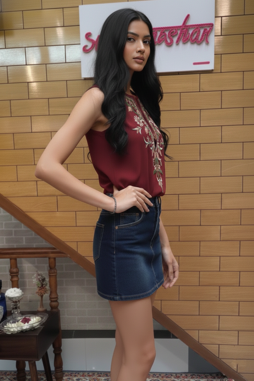 Maroon Sleeveless Top with Floral Embroidery