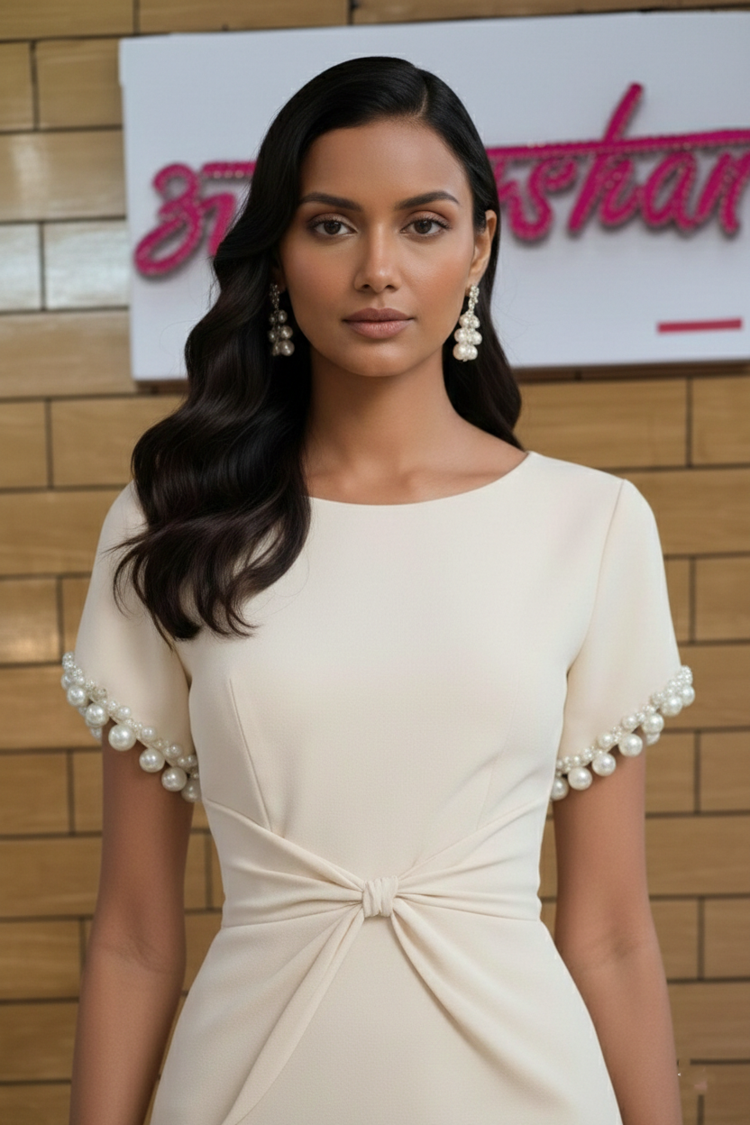 Ivory Pearl-Trim Midi Dress with Knot Waist