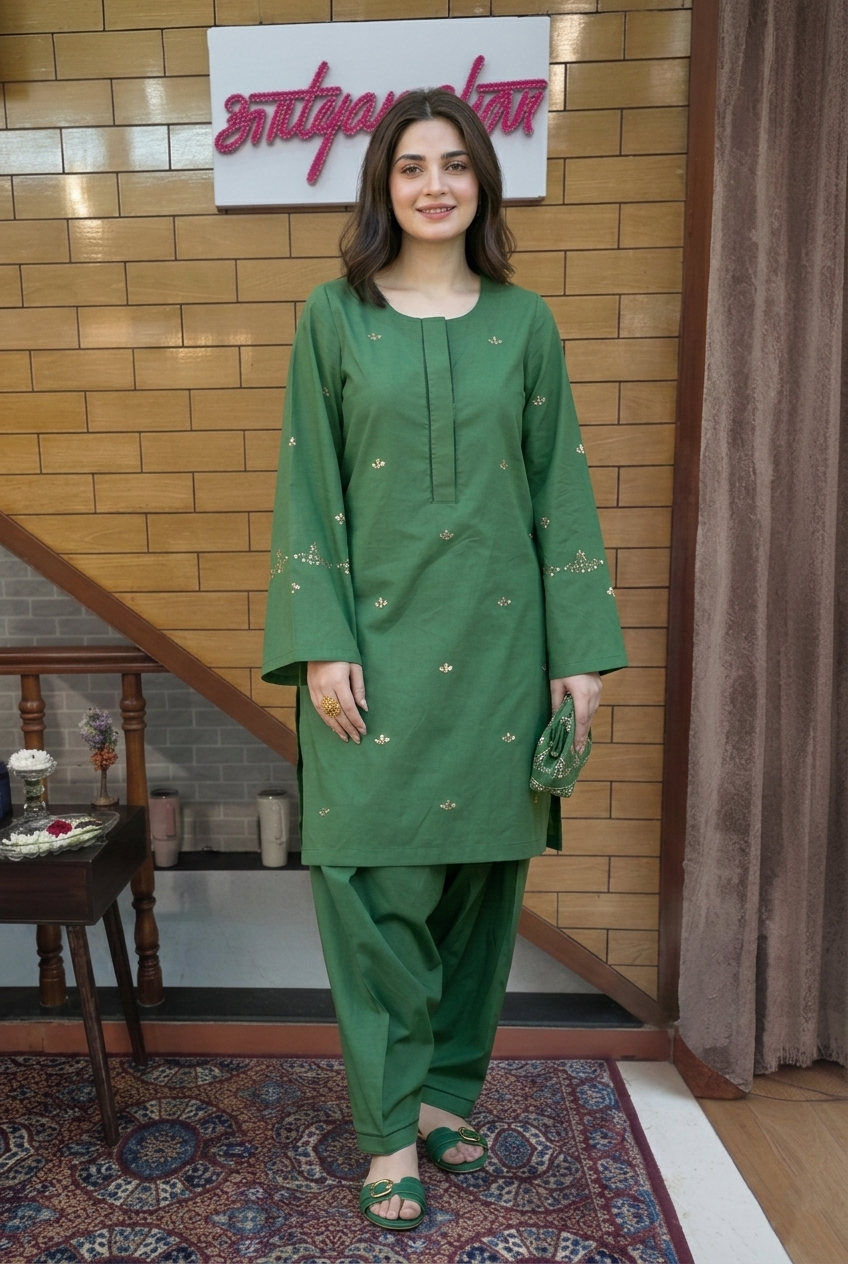Emerald Green Minimal Embroidered Kurta Set