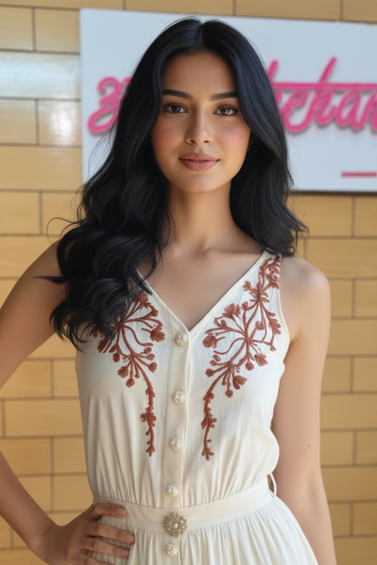 Ivory Cotton Dress with Red Floral Embroidery