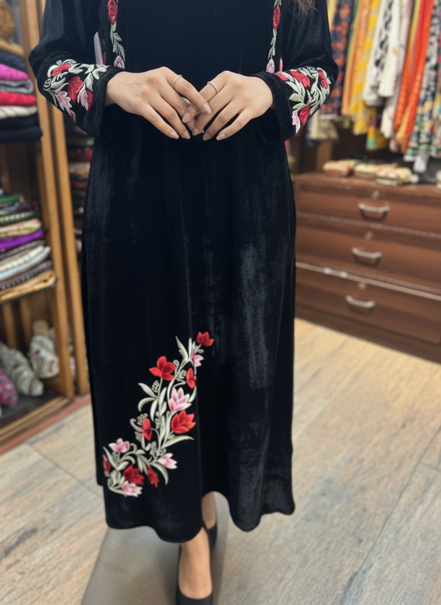 Silk Velvet Dress with Fine Resham Work Embroidery