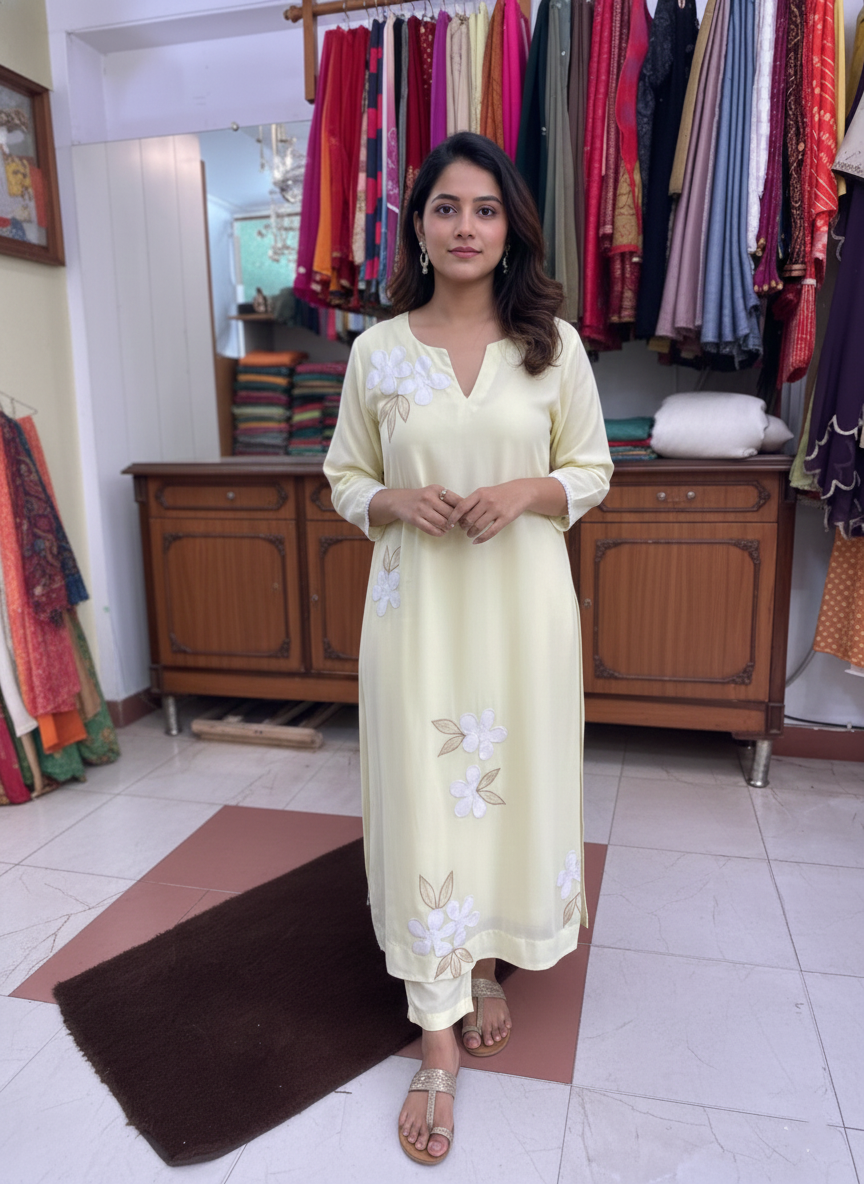 Modal Cotton Pant Suit with Handcrafted Appliqué Work