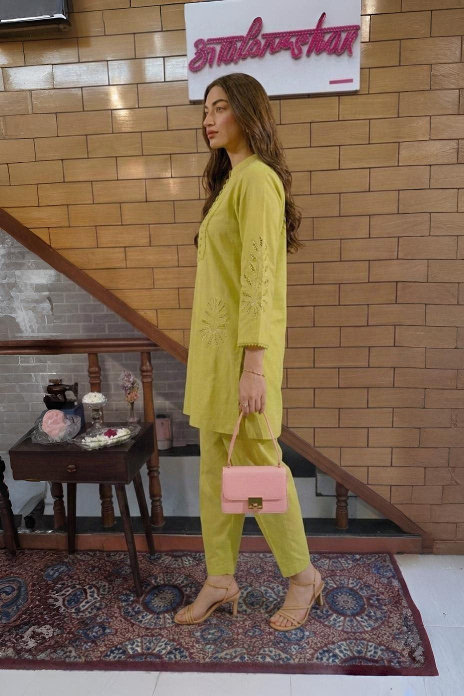 Lime Green Embroidered Kurta Set with Straight Pants