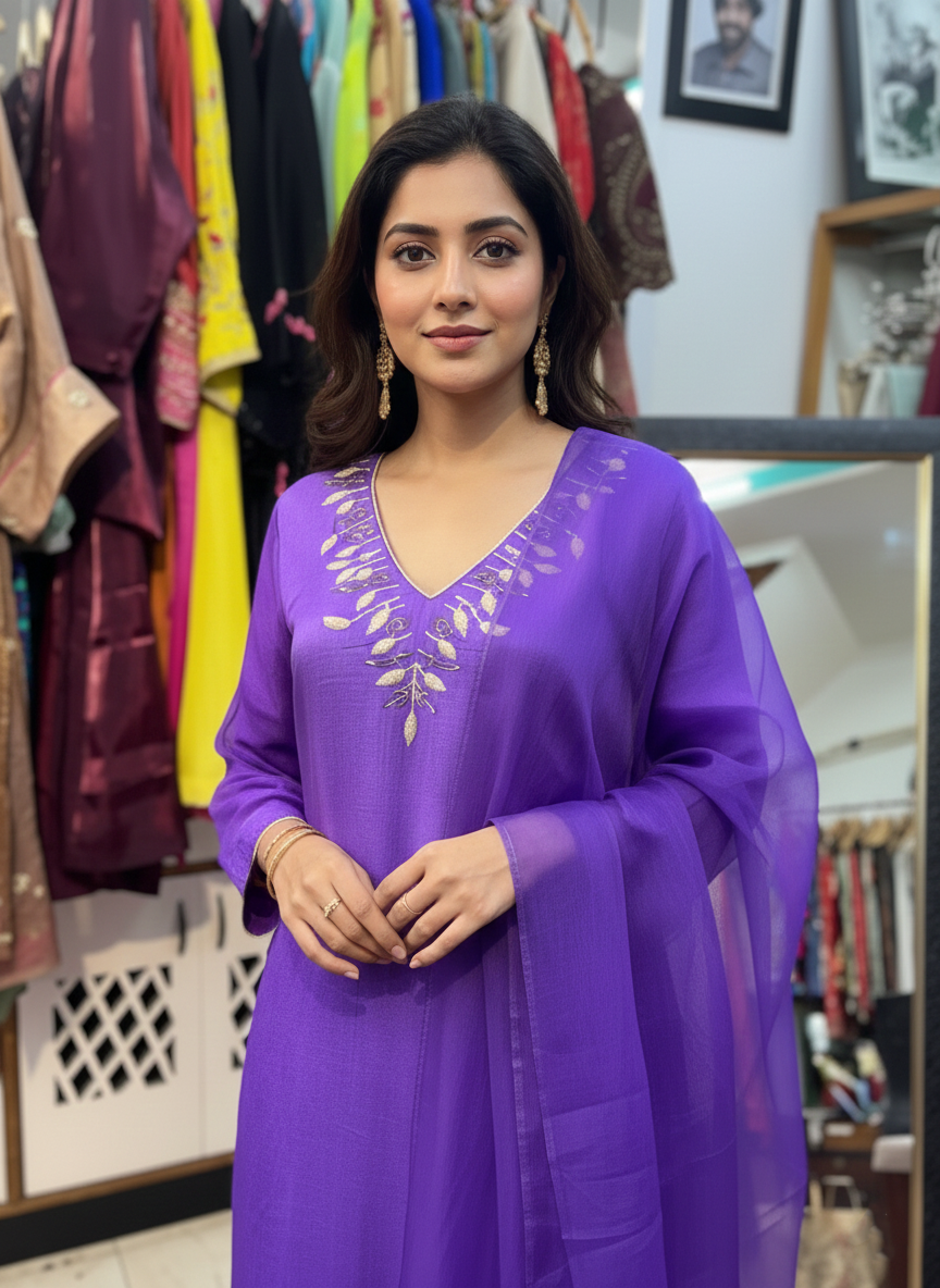 Silk Pants Suit with Organza Dupatta and Fine Resham Work