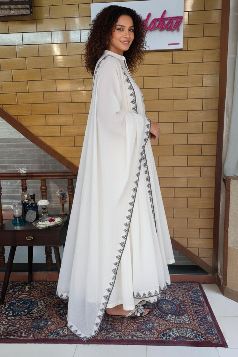 Cotton Kurta Set with Black Geometric Embroidered Panels