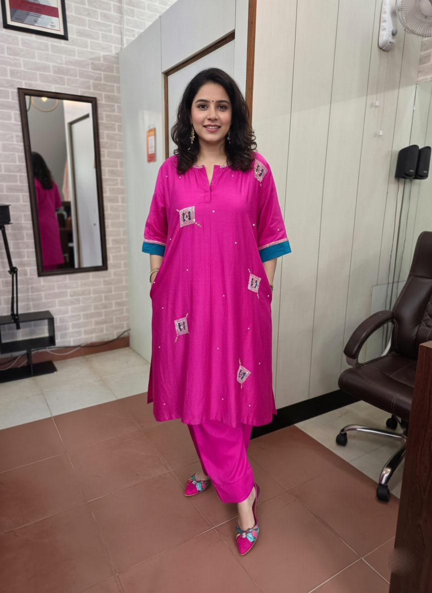 Vibrant Chanderi Suit with Multicolor Cutdana and Beads Work