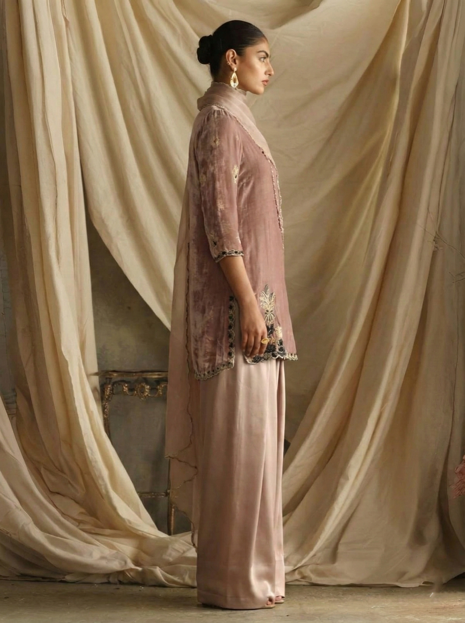 Contrasting Velvet and Silk Zardozi Ensemble