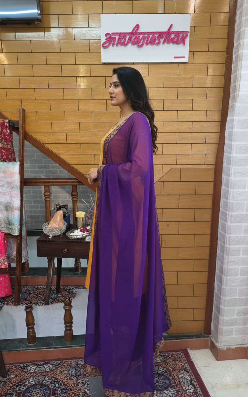 Raw silk suit with Brocade pants & Organza Dupptta