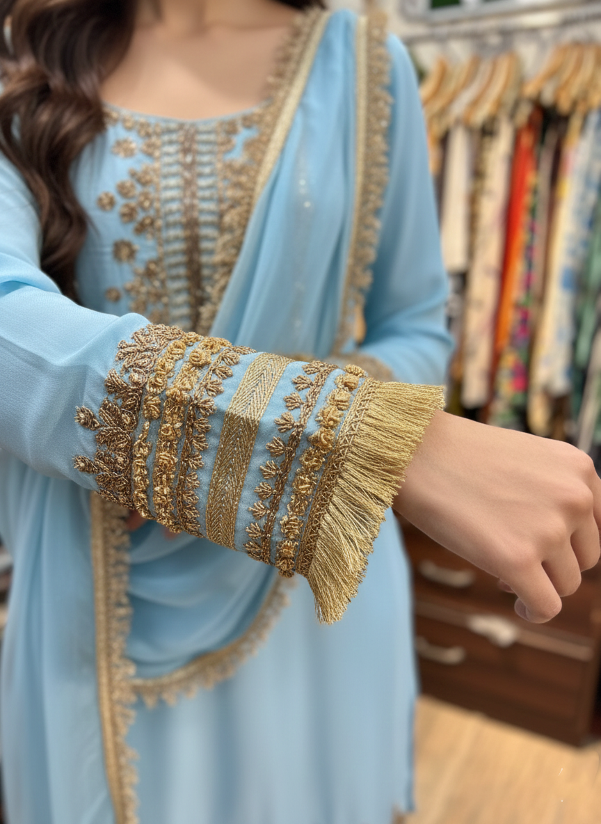 Traditional Sharara Ensemble: Silk Fabric Enhanced by Zardozi, Paired with Organza