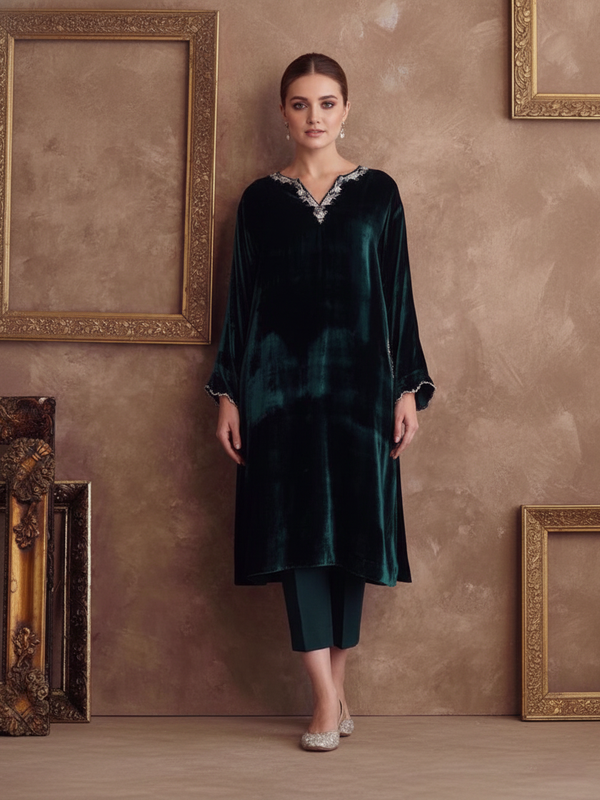 Handcrafted Resham Detail Silk Velvet Suit