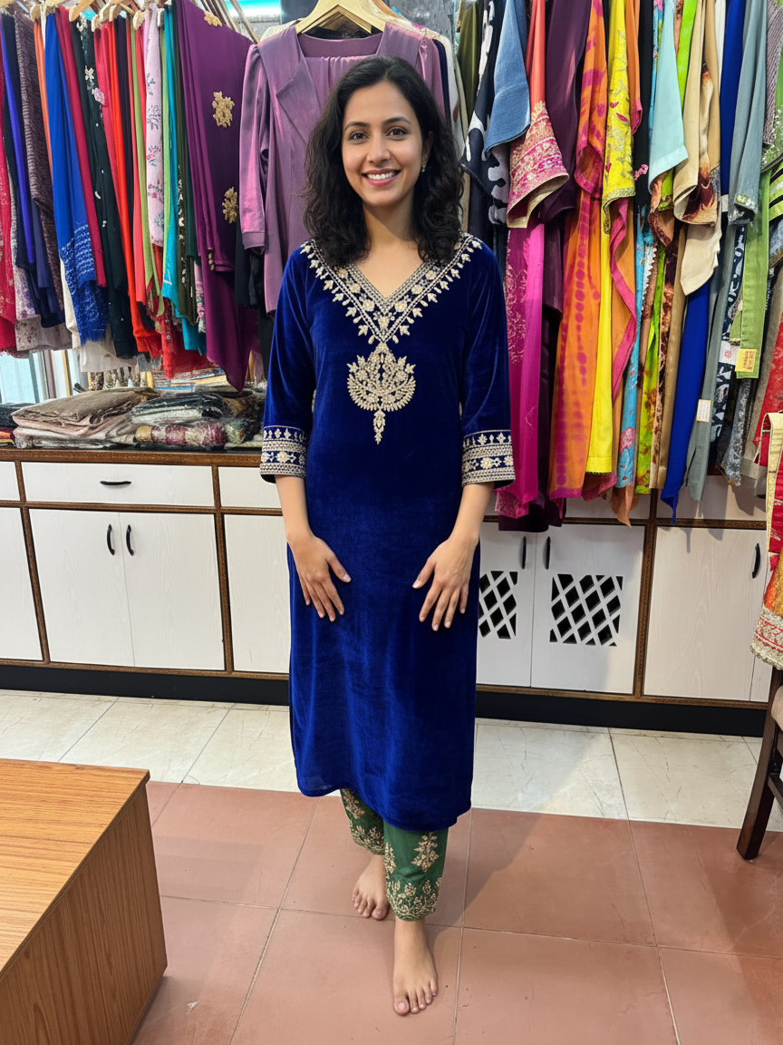 Luxurious Velvet Ensemble Featuring Traditional Aari Detailing