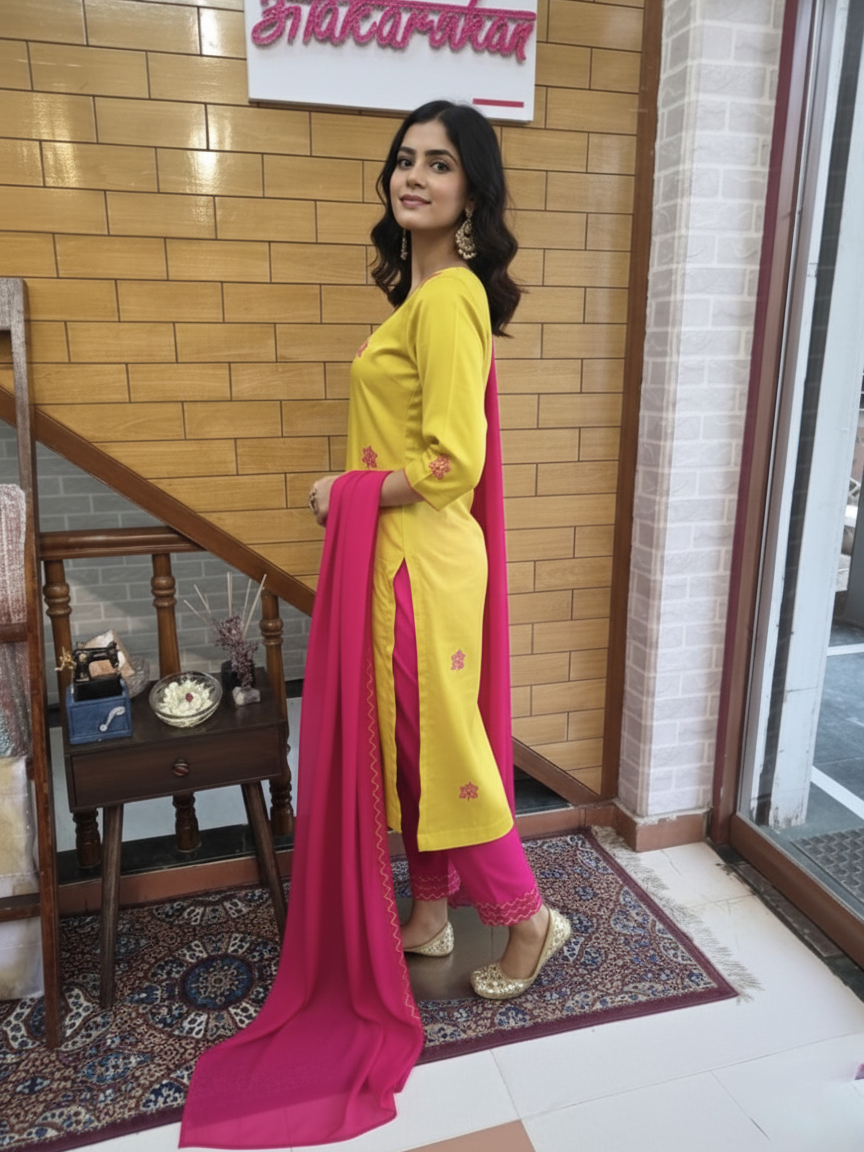 Satin Resham Embroidered Kurta with Trousers & Dupatta