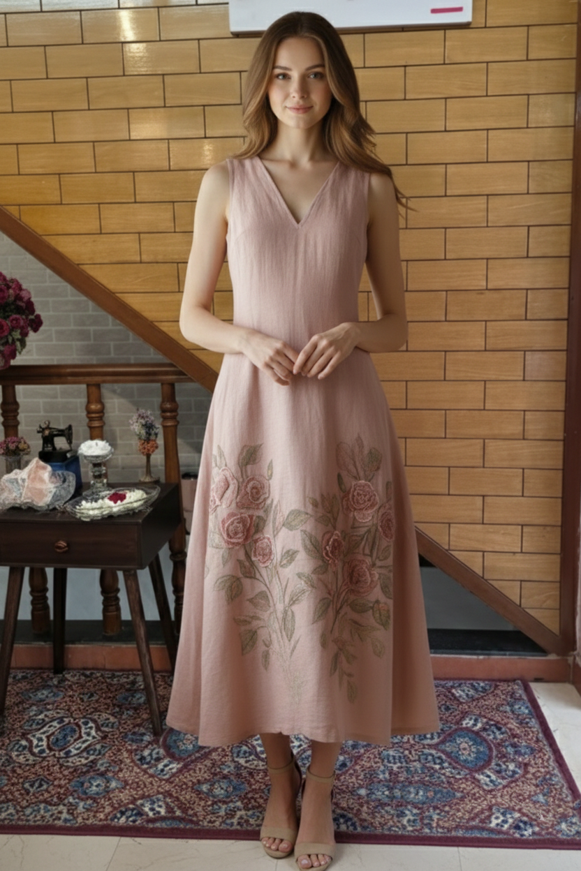 Blush Linen Midi Dress with Hand-Painted Floral Motif