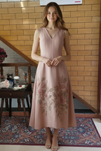 Blush Linen Midi Dress with Hand-Painted Floral Motif