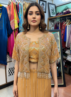 Embroidered Georgette Jacket, Blouse & Skirt Set with Sequence and Beads Work