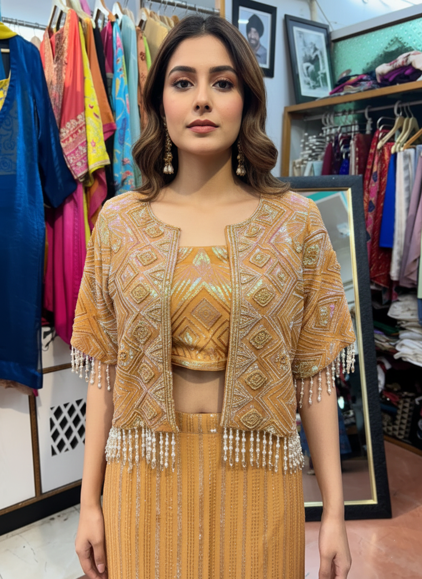 Embroidered Georgette Jacket, Blouse & Skirt Set with Sequence and Beads Work